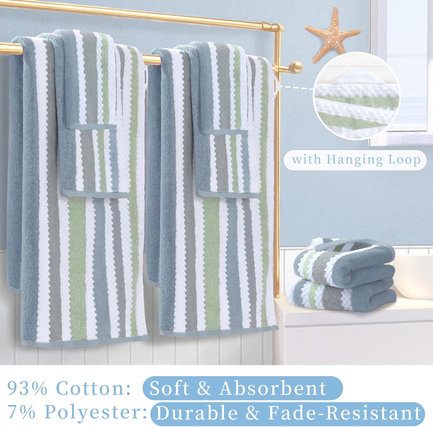 Waffle Washcloths for Bathroom, Striped Wash Cloths 6 Pack 13"x13" - Cotton & Polyester | Quick Dry | Thick | Absorb, Decorative Soft Face Wash Cloths, Navy Grey Green and White Checkered