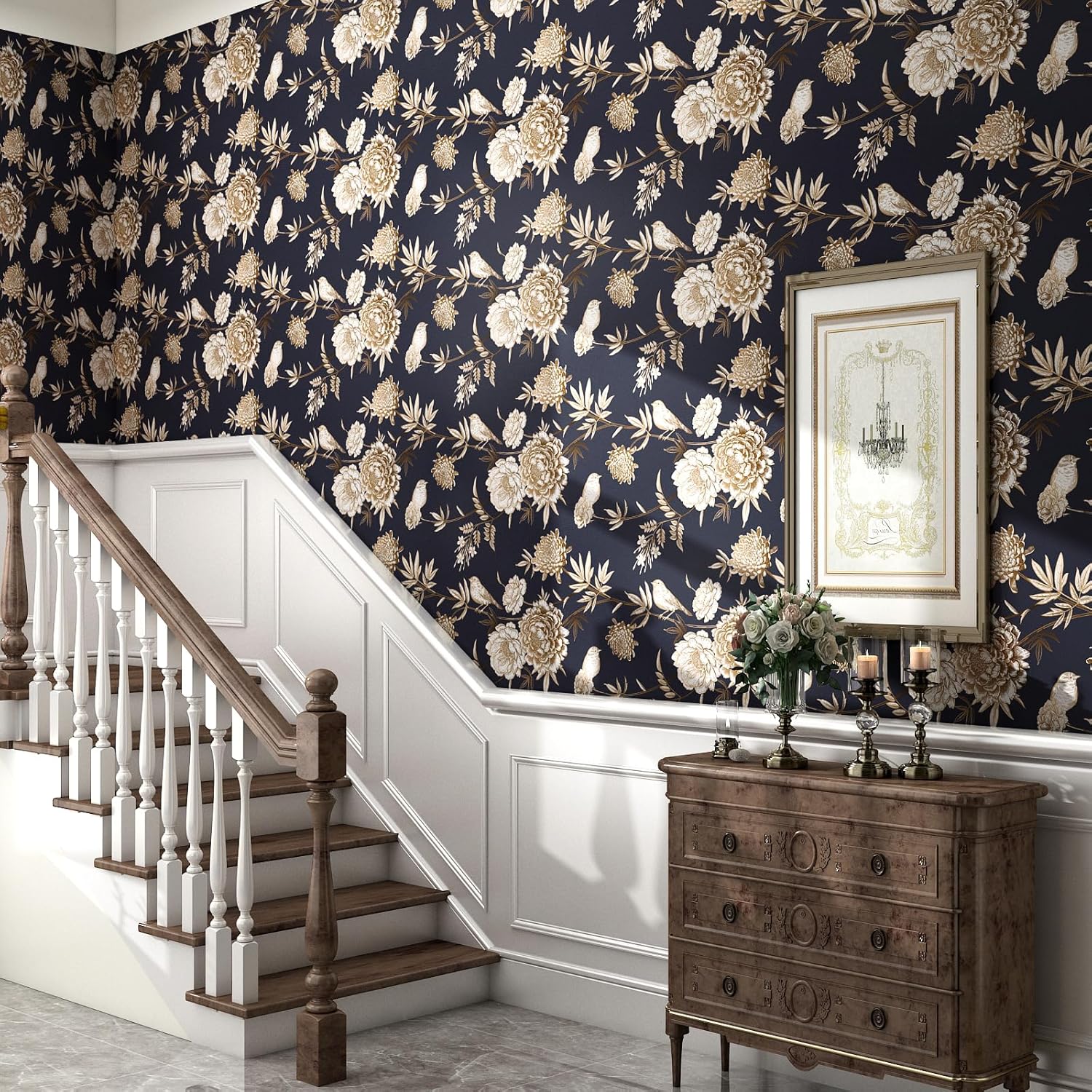 Dark Blue Gold Floral Peel and Stick Wallpaper Vintage Gold Bird Peony Wallpaper Mural Self Adhesive Floral Contact Paper Removable Flower Wall Paper for Bedroom Bathroom Cabinets 17.5"x160"