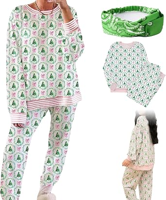 Christmas Trees and Bows Pajama Set, Women Casual Cute Christmas Pajamas Party Striped, Long-Sleeve and Pants 2 Piece