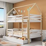 Merax Hochbett 90x200cm, Etagenbett mit Leiter & große Schubladen Stockbett für 2 Kinder mit Rausfallschutz und 2 Lattenrost, Kiefernholz Kinderbett Jugendbett, Doppelbett Hausbett, Holzfarbe & Weiß