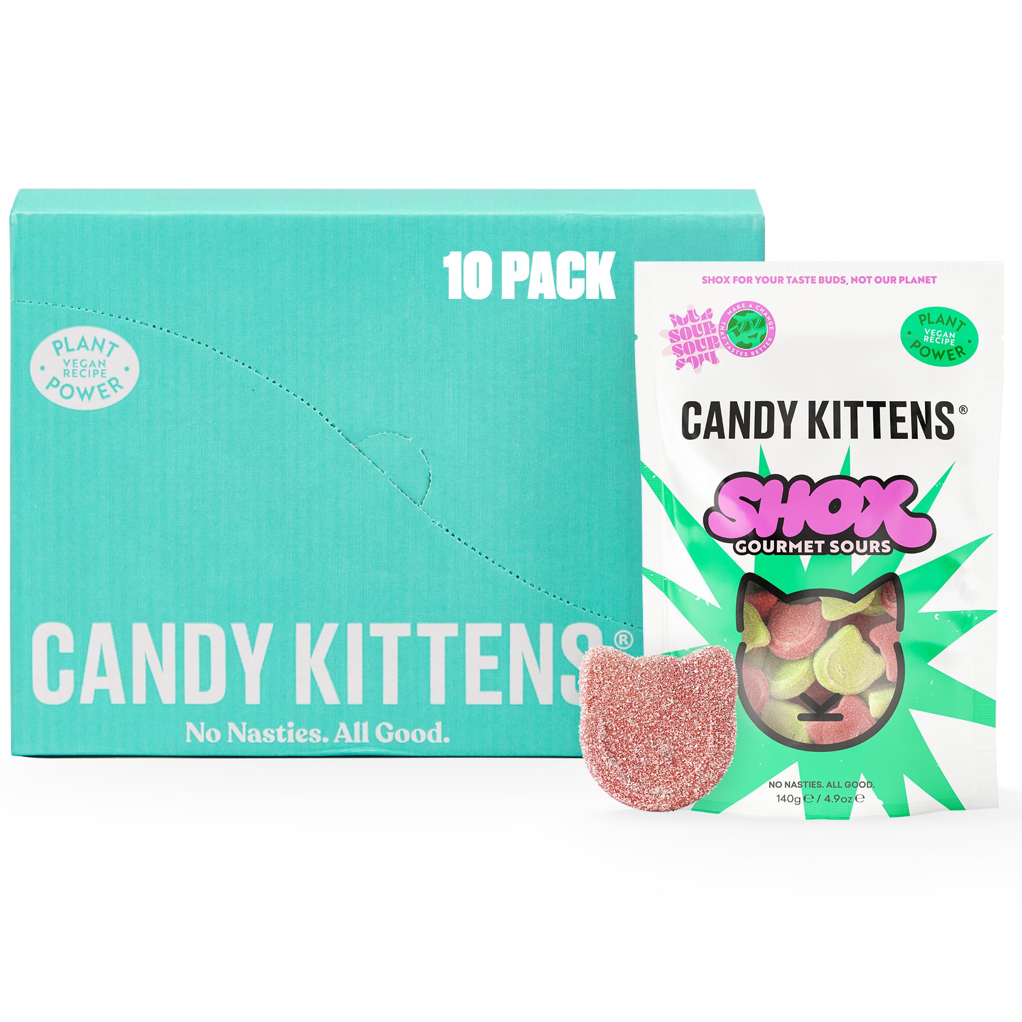 CANDY KITTENSVegan Sweets, Sour SHOX Strawberry & Apple (140g, Pack of 10) – Fizzy Sweets, Chewy Treats with Fruity Flavors, Plant-Based, No Nasties, Vegan Snacks for All, Made with Real Fruit Juice