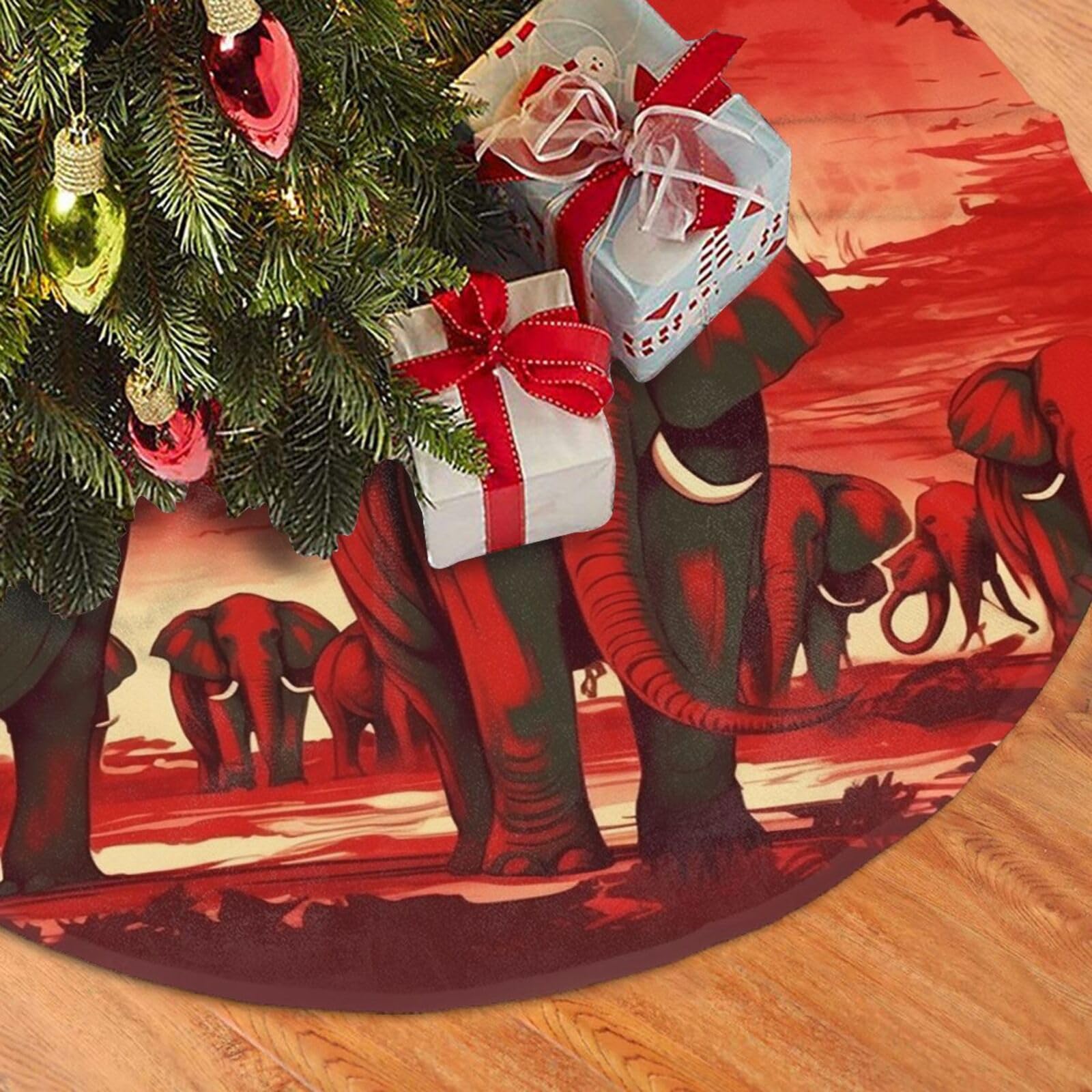 Fodpand Black Elephants Red Christmas Tree Skirt 48" Velvet Xmas Tree Skirt Mat Rustic Christmas Tree Mat Cover Winter Xmas Tree Collar For Indoor Outdoor Christmas Decorations