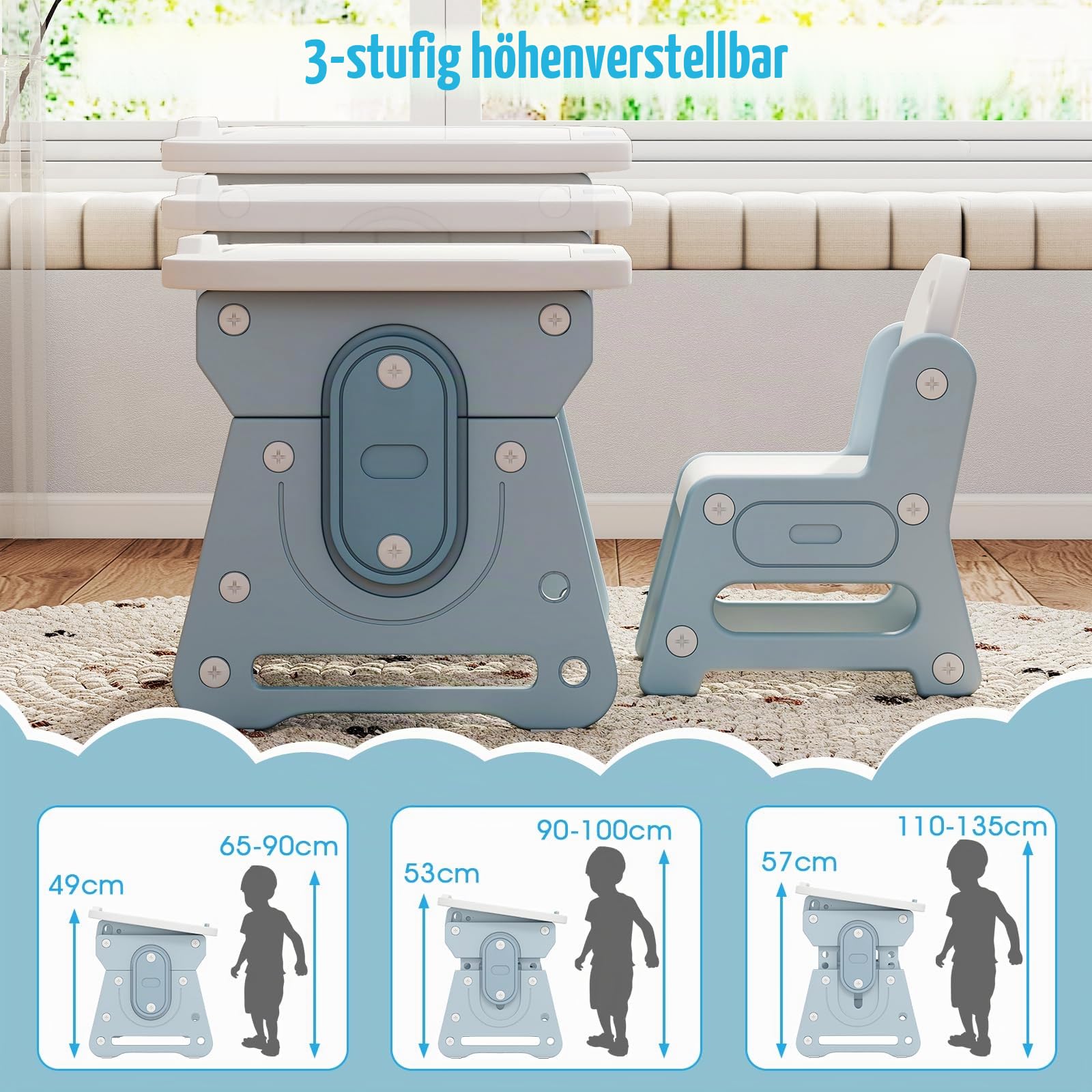 LIFEZEAL Kinder Tisch Stuhl Set, Zeichentisch mit magnetischer Whiteboard & Kinderstuhl, Verstellbarer & neigbarer Schreibtisch mit Stauraum, Maltisch für Kinder ab 3 Jahr (Weiß + Blau)