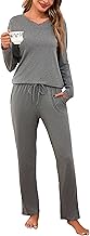 Litherday Pyjamas Women Winter Cotton 2 Piece Set Sleepwear Soft V-Neck Long Pants and Pockets Pyjamas Comfortable for Home Relax S-XXL