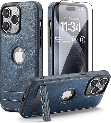 Casus - Funda diseñada para iPhone 15 Pro con función atril de piel vegana, delgada, diseño clásico, elegante, funda protectora delgada de lujo