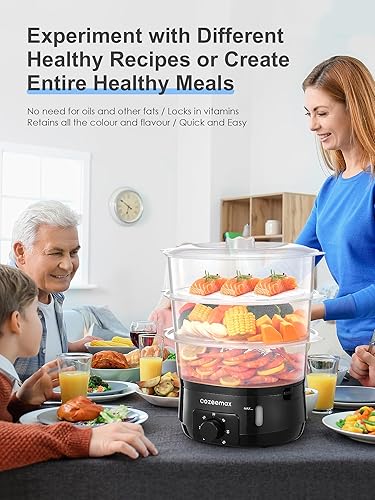 Miniatura 7 de Vaporizador eléctrico de alimentos de 13.7 cuartos de galón para cocinar, vaporizador de verduras con 3 niveles sin BPA, cocción simultánea rápida