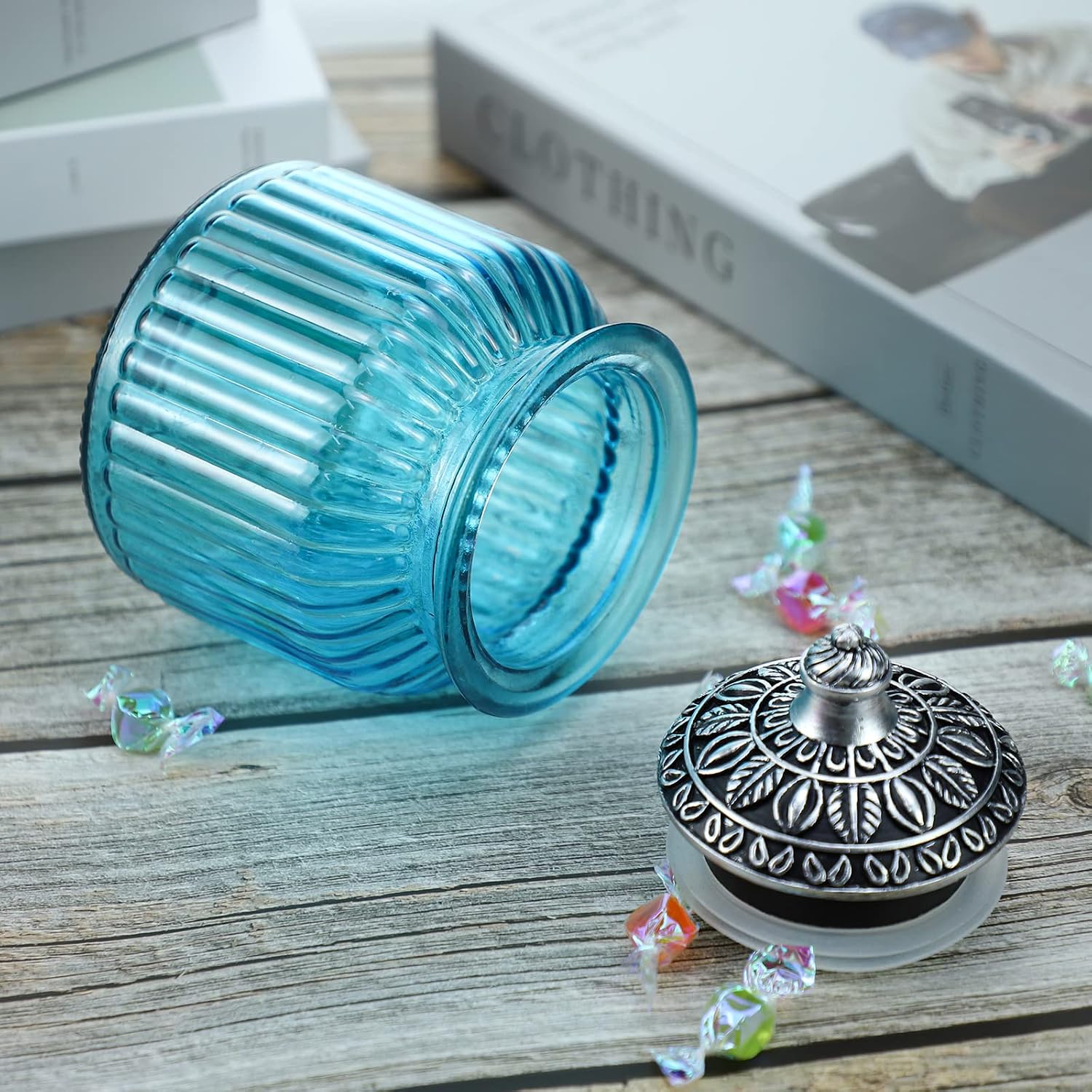 SOCOSY Vintage Crystal Glass Candy Jar with Lid Food Jar Nut Jar Jewelry Box Wedding Candy Buffet Jars Kitchen Storage Assorted Color 24 oz image 5