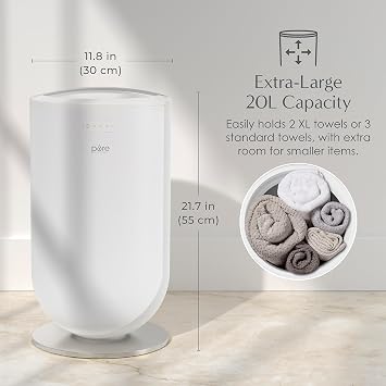 Pure Enrichment PureBliss Luxury Towel Warmer - Extra Large 20L Heats Towels, Robes, Blankets, or Clothing - Modern Bucket Design, 4 Heat Timer Settings & Auto Shut-Off (White & Brushed Silver)