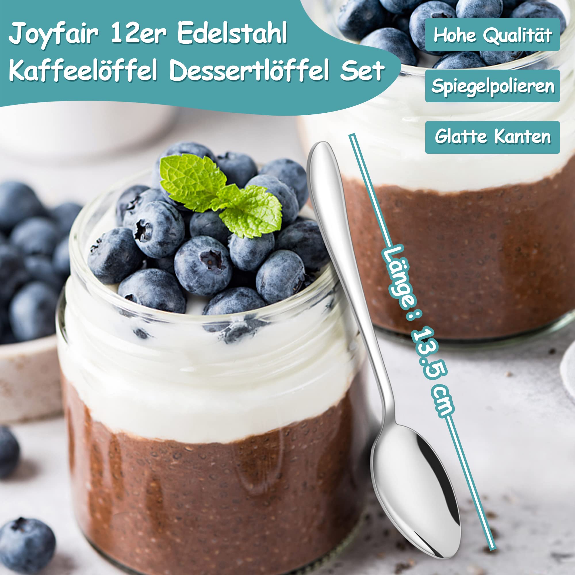 Joyfair Łyżeczki ze stali nierdzewnej, do kawy, herbaty i deserów, lustrzane polerowanie, małe łyżeczki do espresso, zestaw do domu/restauracji/stołówek, trwałe, do mycia w zmywarce, 13,5 cm, 12 szt.