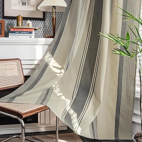 ColorBird Farmhouse Striped Curtains 2 Panels Set, Semi Blackout Curtain 84 inches Long, Light Filtering Outdoor Kitchen Window Drapes for Living Room Bedroom Doorways