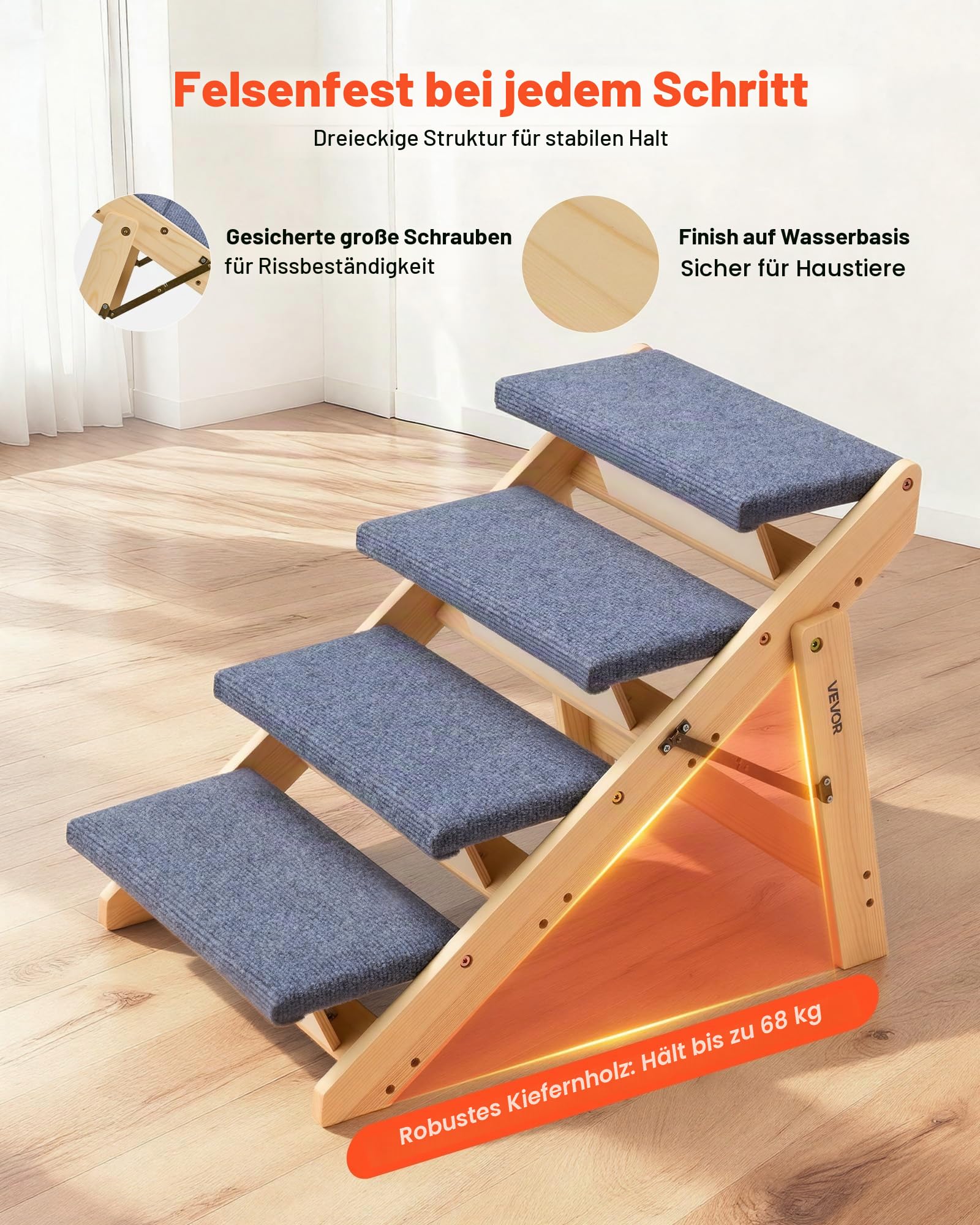 VEVOR Hundetreppe 630x470x490 mm, 4-stufige Hautiertreppe, klappbare Holztreppe geeignet für kleine, mittlere, große, ältere Haustiere sowie Welpen bis 68 kg, Hundeleiter für Betten, Sofas & Autos