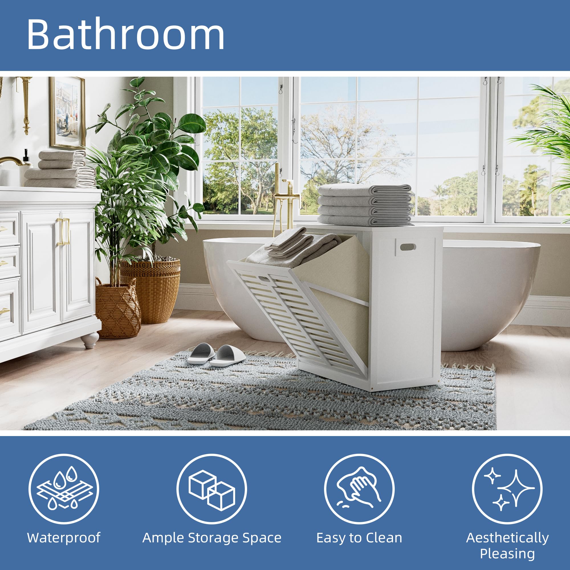 HITNET Mobile Bagno con Portabiancheria, Mobiletto Bagno Salvaspazio da Terra in Bambù con Portabiancheria, Sacco Interno Rimovibile con Maniglie per Lavanderia e Camera da Letto, Bianco