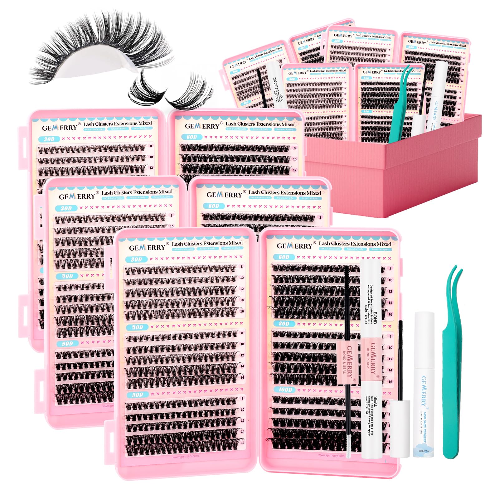 GEMERRY 3x 600PCS Ciglia Finte Ciuffetti Kit 30D-100D Extension Ciglia | 3x Cluster Lashes Kit con Bond and Seal Pinzette DIY Lash Extension a Casa per i Principianti Adatto a Una Varietà di Stili