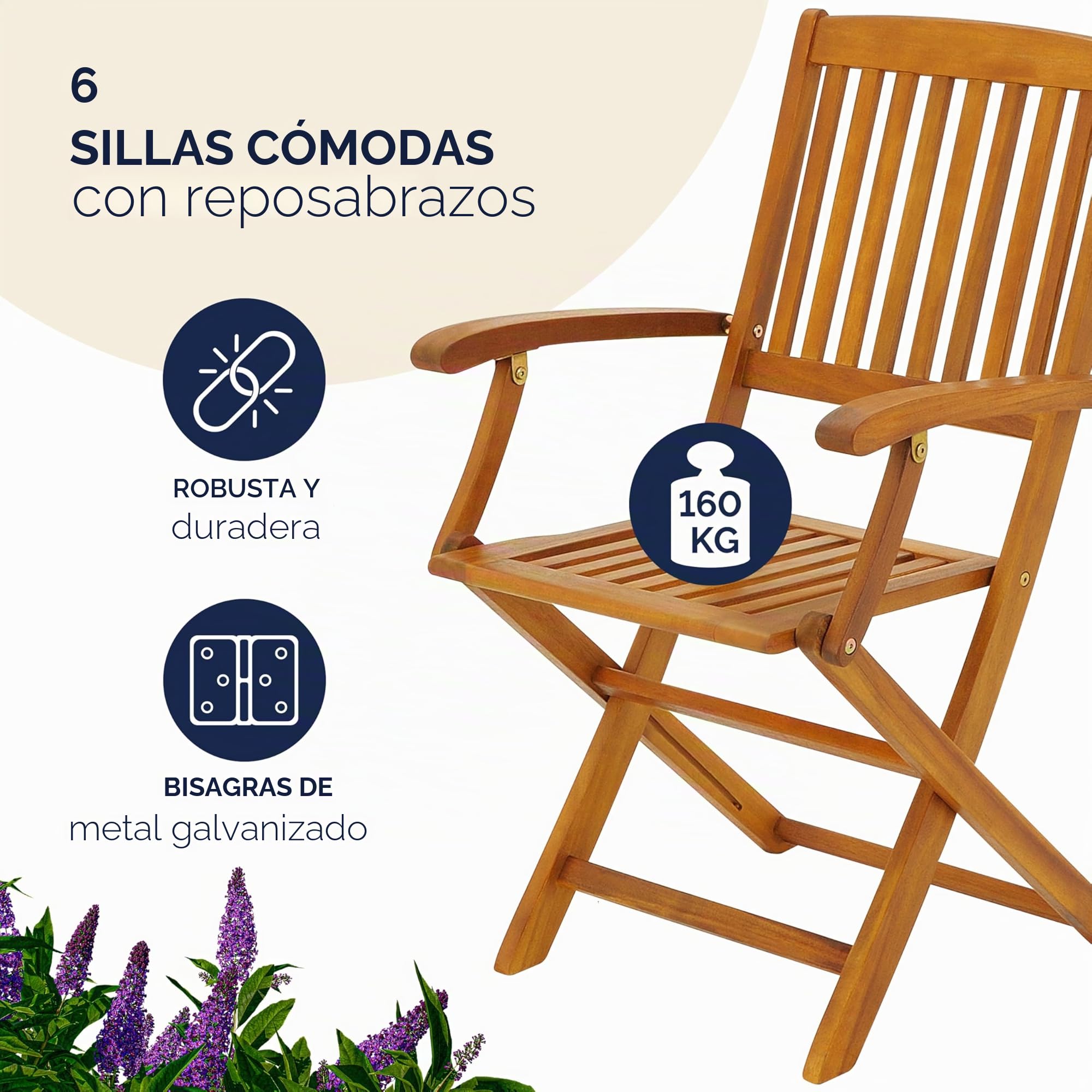 CASARIA® Set Muebles de Jardín Madera Acacia Plegable 7 Pzas 160x85x74cm Marrón