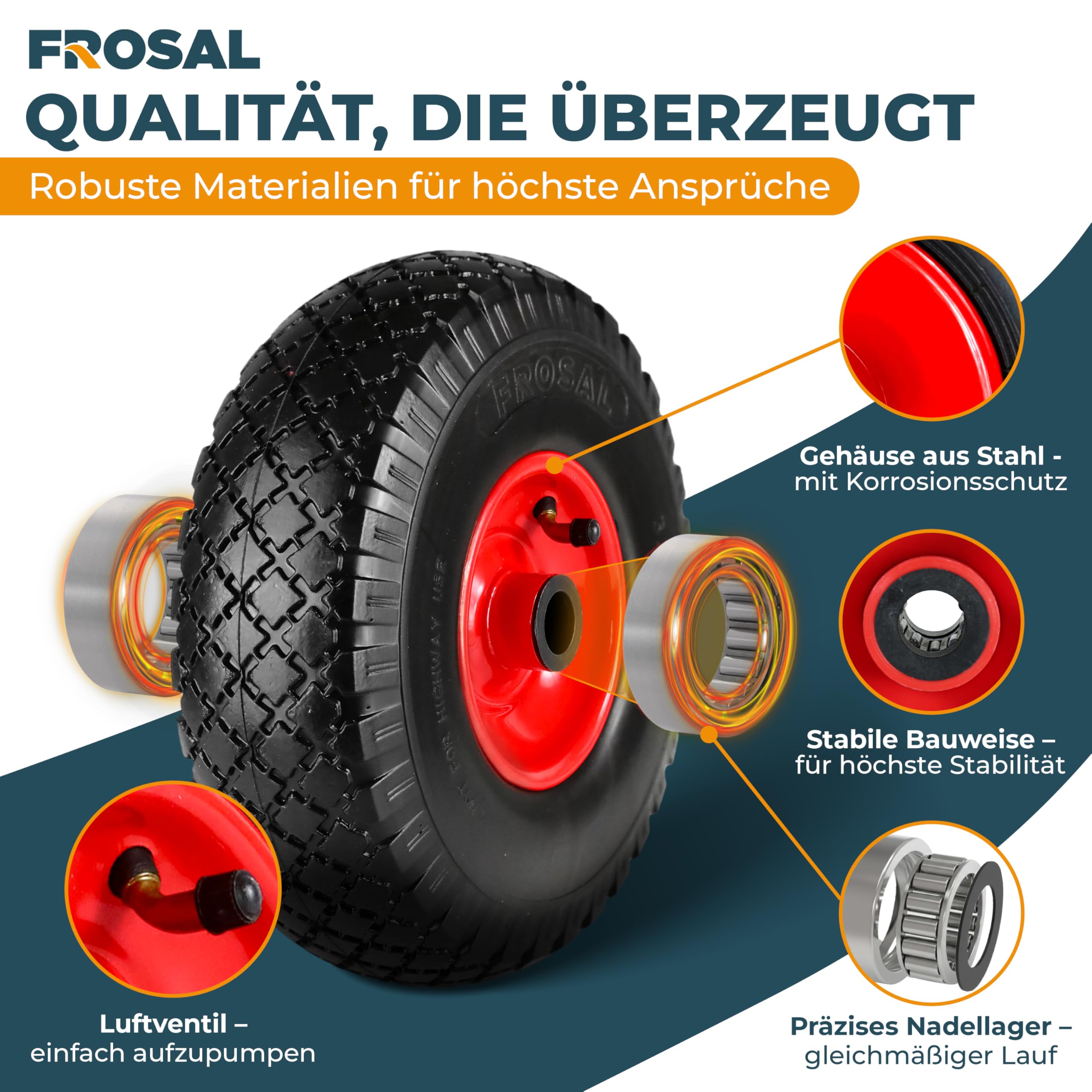 FROSAL 2x Luftrad 260mm (3.00-4) mit roter Stahlfelge – Ersatzrad für Bollerwagen & Sackkarre – Luftreifen mit Rollenlager, 20mm Achse – belastbar bis 150kg