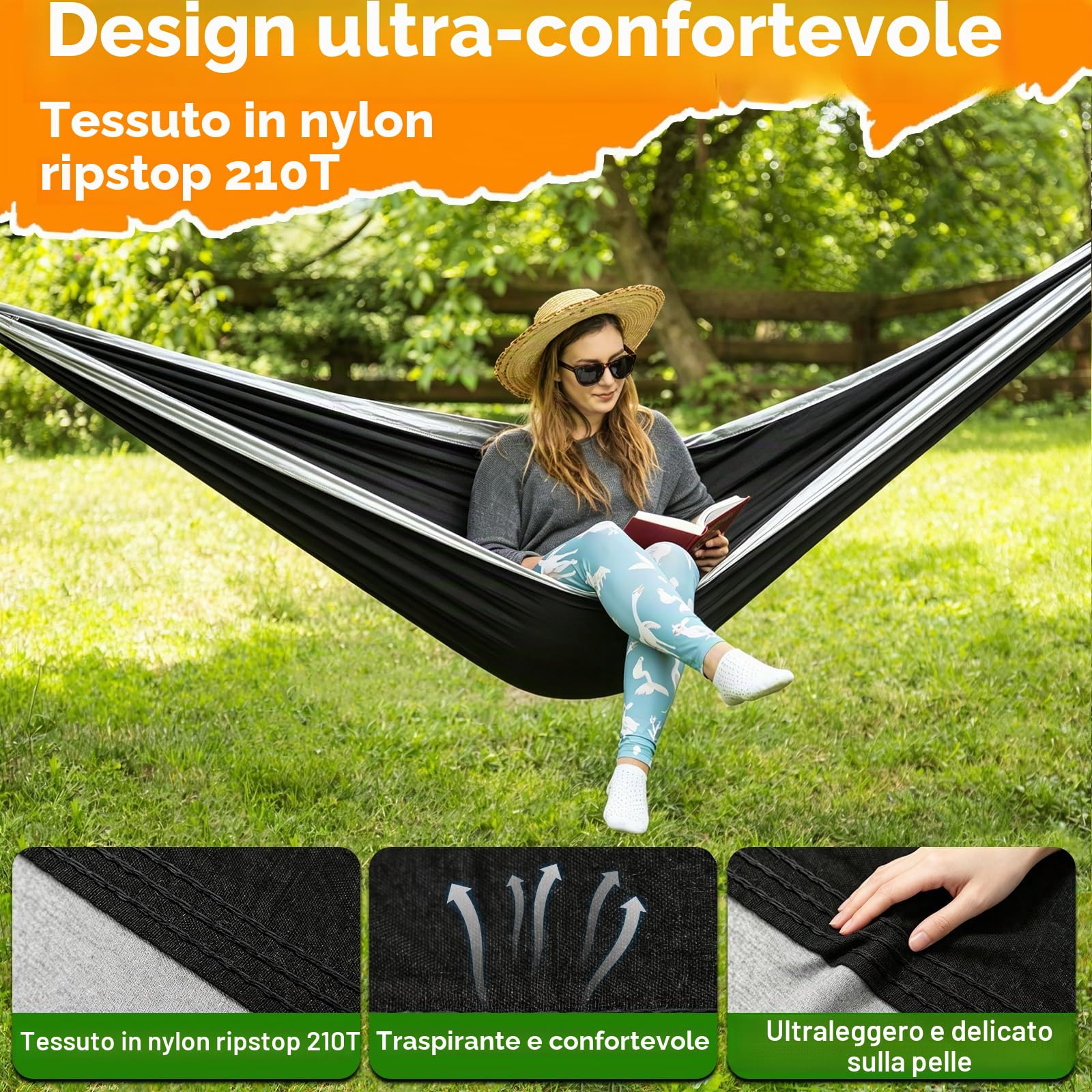 Amaca Campeggio Ultraleggera, Capacità di Carico 300kg, 270 x 140 cm in Nylon Paracadute Traspirante, con Cinghie Rispettose degli Alberi, Moschettoni & Borsa da Viaggio, per Giardino, Trekking