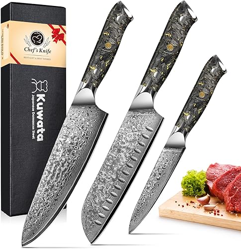 Kuwata Juego de cuchillos de chef, 3 piezas de acero inoxidable de alto carbono de Damasco serie VG10, juego de cuchillos de cocina de acero