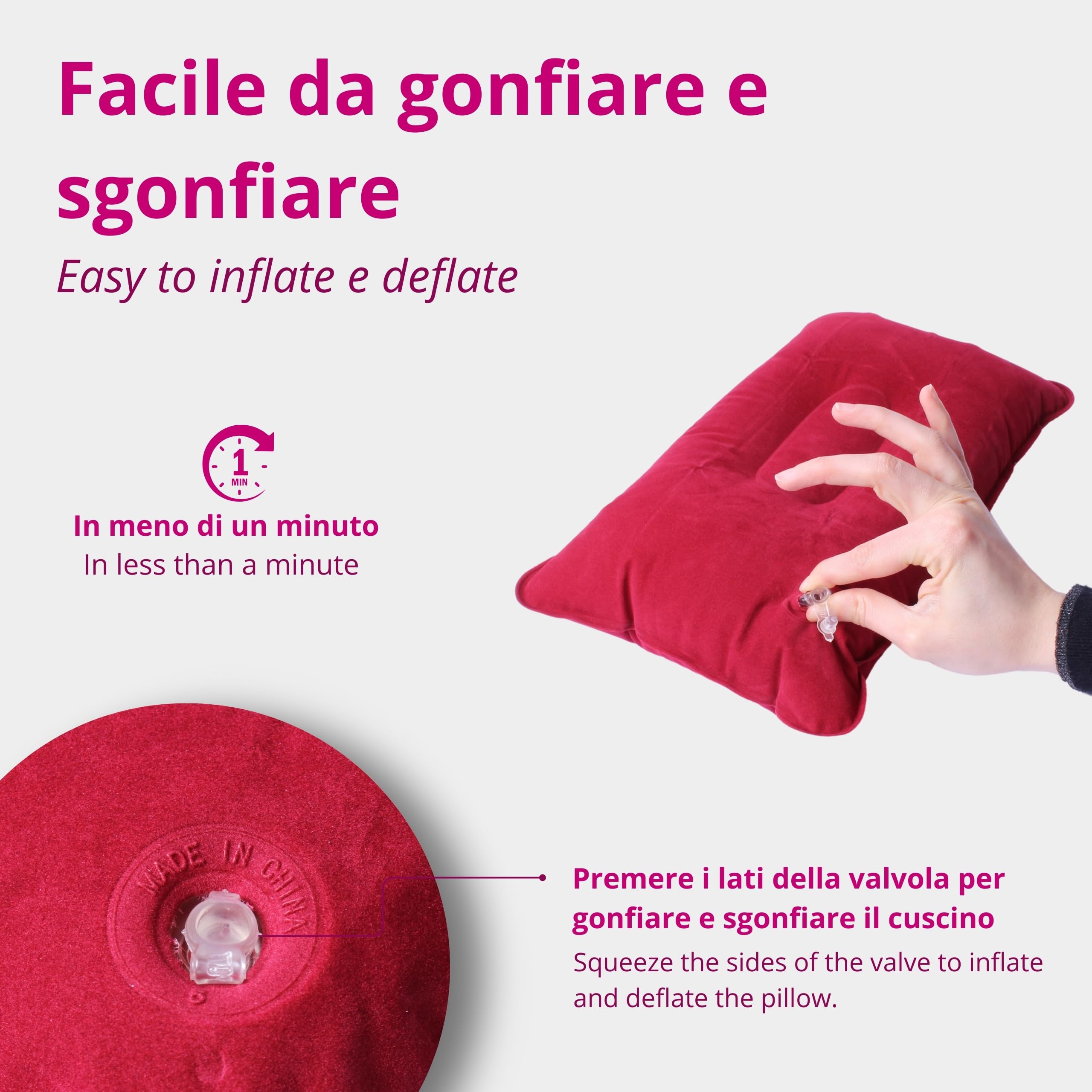 Cuscino da Viaggio Gonfiabile 38x24cm Bordeaux – Comfort e Sostegno per Collo, Perfetto per Viaggi e Relax, Aereo, Auto, Treno e Ufficio, Facile da Gonfiare