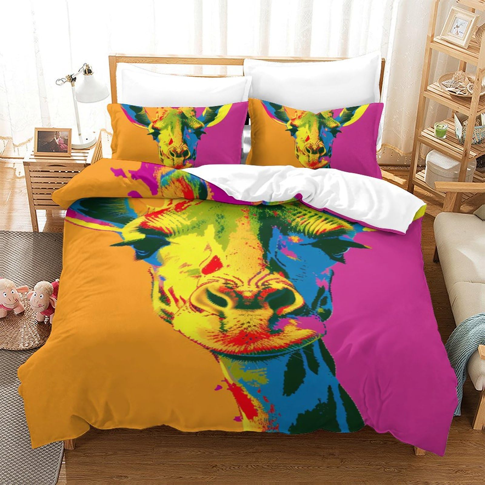 Housse de couette girafe 140x200 en microfibre avec taies d'oreiller