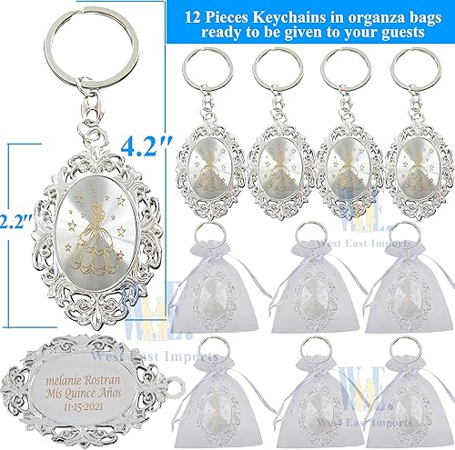 Miniatura 2 de 12 llaveros personalizados de quinceañera para fiesta temática de Cenicienta, dulce 15/dulce 16 y 18 cumpleaños con bolsas de regalo