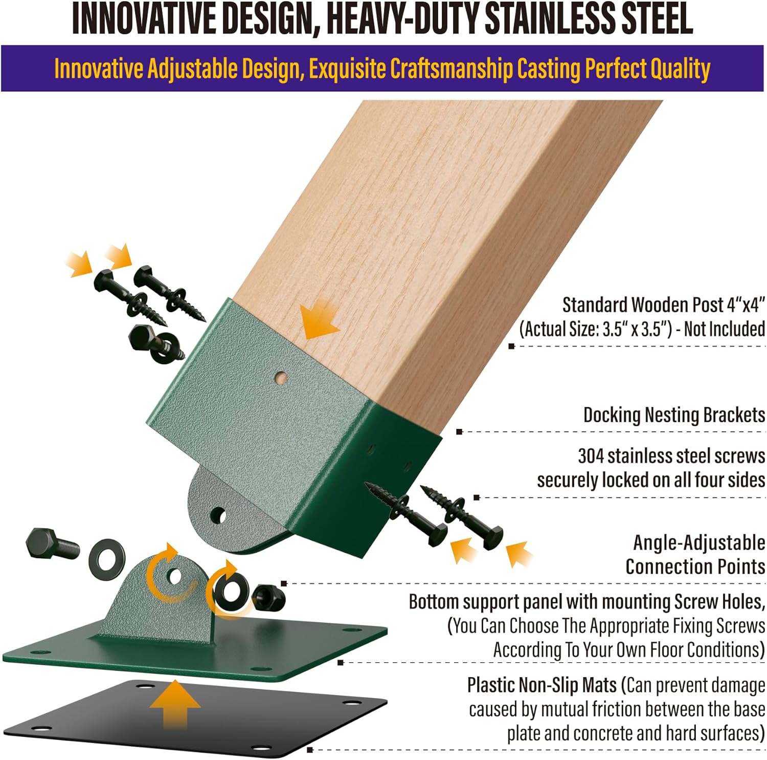 Hulave 201 Stainless Steel Swing Set Anchor Leveling Kit, Swing Set Leveling Base Bracket, Fits 4 x 4 (Actual Size 3.5" x 3.5") Wood Legs, Avoids Moisture to Protect Wooden Legs (4pack - Green)
