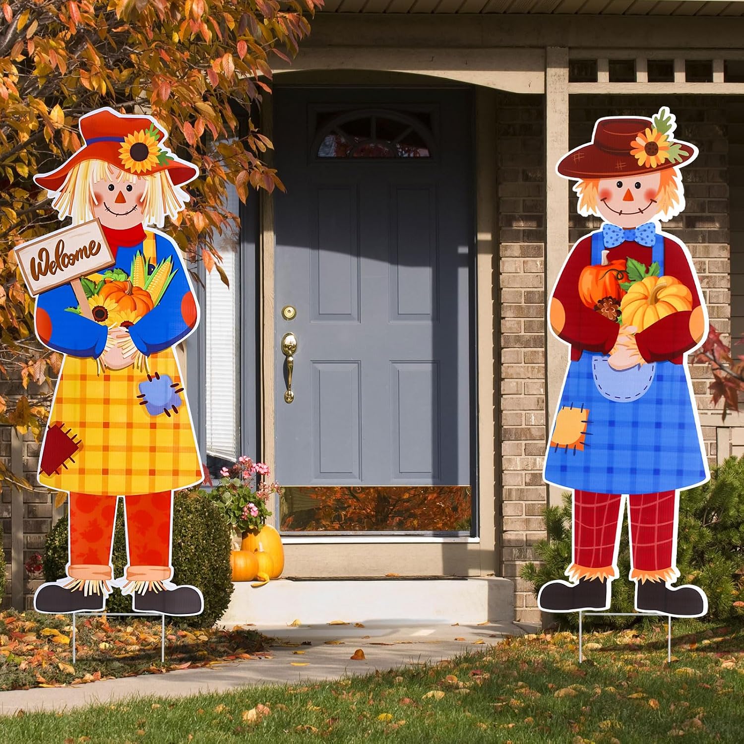 Sintuff 4 Pcs 31.5 x 11 Inch Fall Yard Signs Fall Outdoor Decorations Thanksgiving Scarecrow Yard Signs with Stakes Thanksgiving Garden Scarecrows for Outdoor Lawn Garden Autumn Welcome Decorations