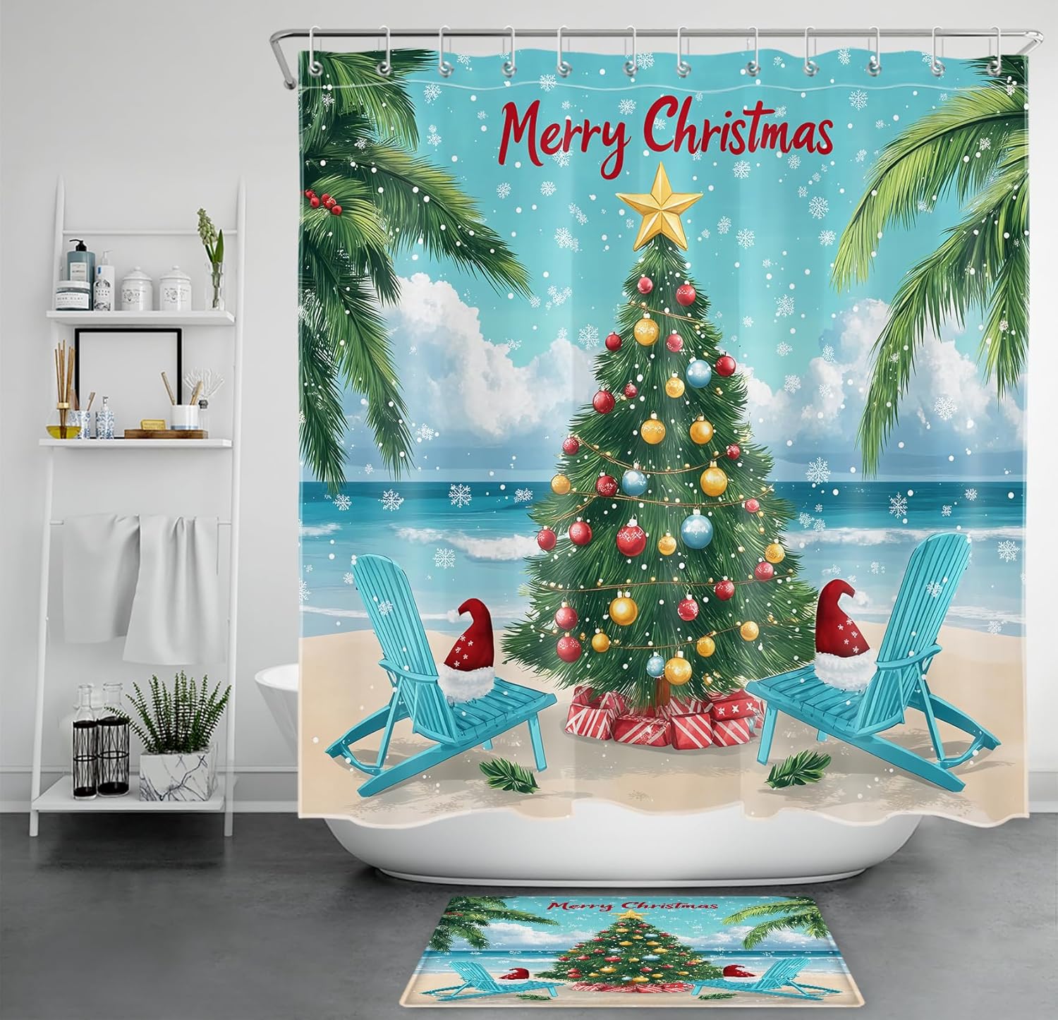 LB Merry Christmas Shower Curtain Sets with Rugs Coastal Green Christmas Tree on Beach Fabric Shower Curtain with Hooks Palm Tree Tropical Christmas Bathroom Curtains Shower Set, 72x72 inches