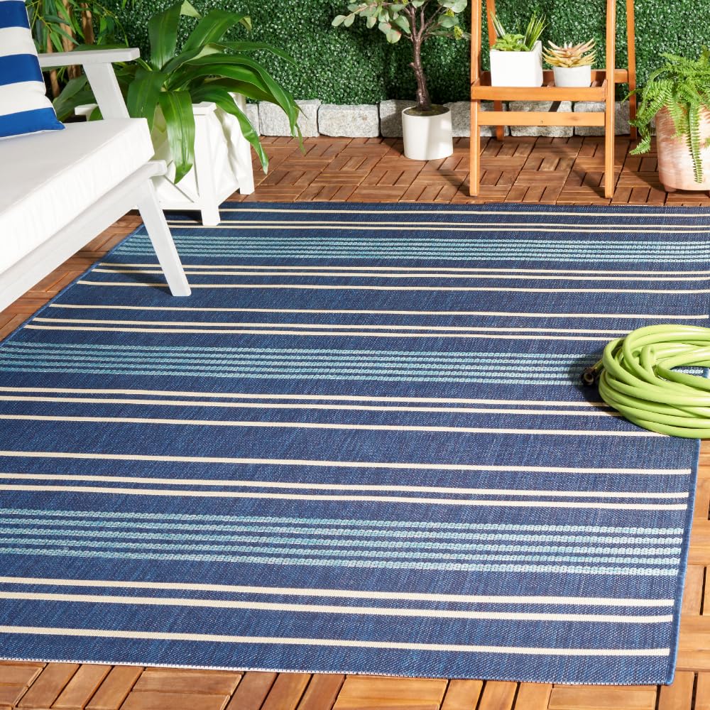 SAFAVIEH Washable Rug Outdoor Courtyard Collection - 6'7" x 9'6", Navy & Blue, Non-Shedding & Easy Cleaning, Ideal for Patio, Backyard, Mudroom (