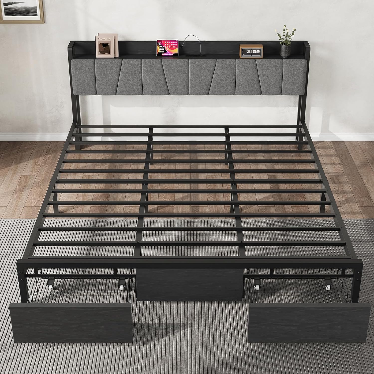 IDEALHOUSE King Size Bed Frame with a Functional Storage Headboard, Industrial King Platform Bed with 2 Large Drawers Plus a Charging Station, Black Bedframe – No Box Spring Needed