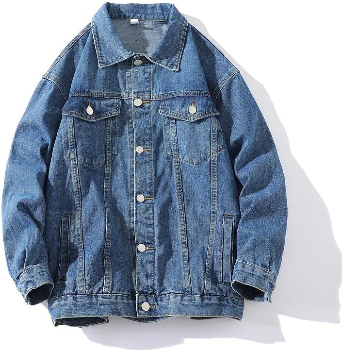 Men's Denim Jacket Casual Loose Fit Outerwear - Single Breasted Blue Jean Coat Long Sleeve Trucker Jacket