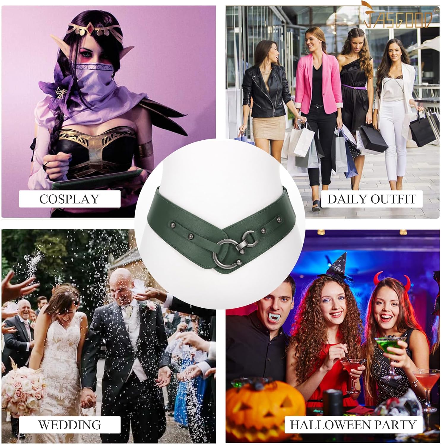 JASGOOD Wide Elastic Belts For Women Dresses Coats Black Chunky Leather Belt With Vintage Interlock Buckle - Image 5