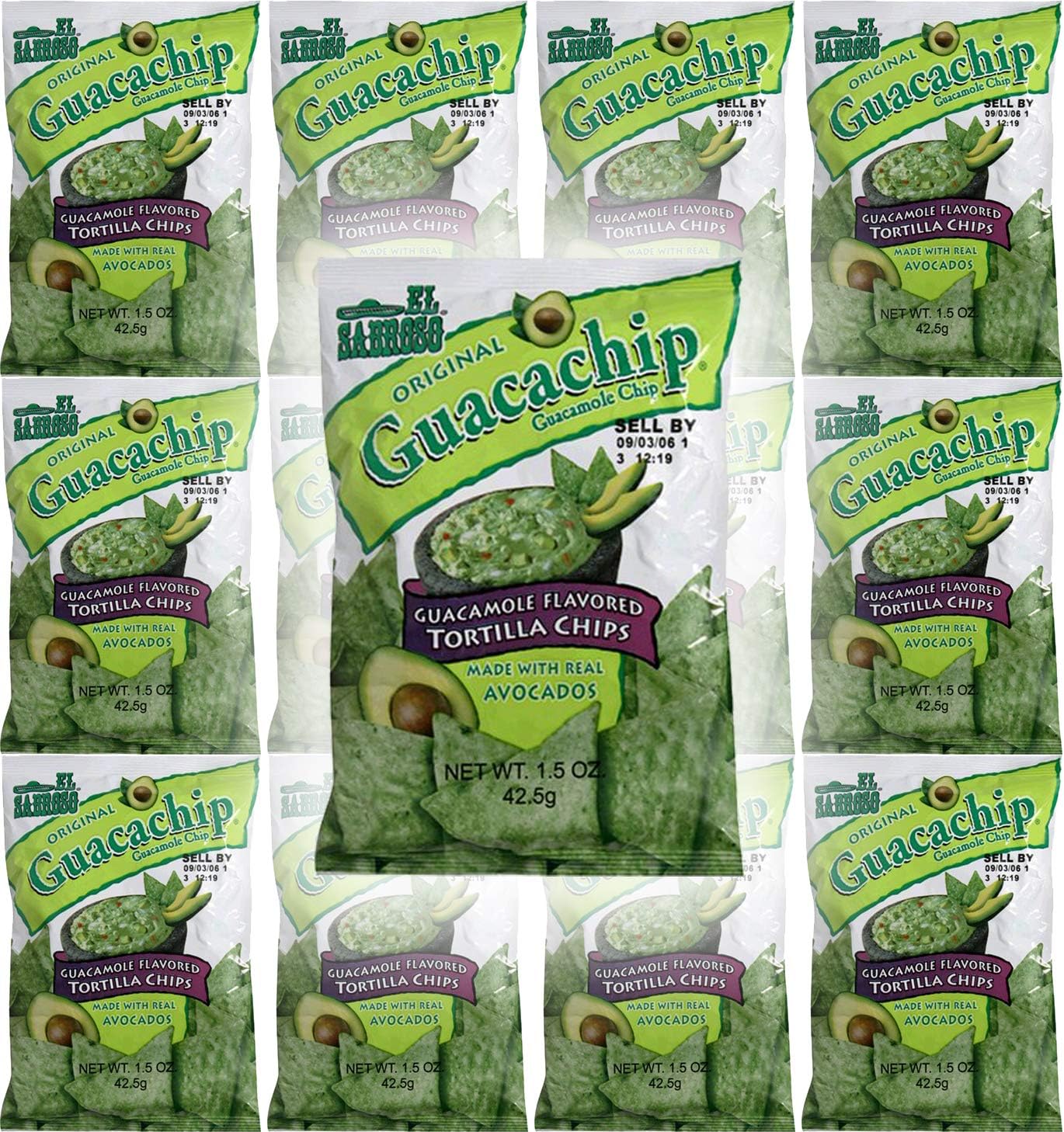 El Sabroso Guacachip, Guacamole Flavored Tortilla Chips, 1.5oz Bags (Pack of 12, Total of 18 Oz)