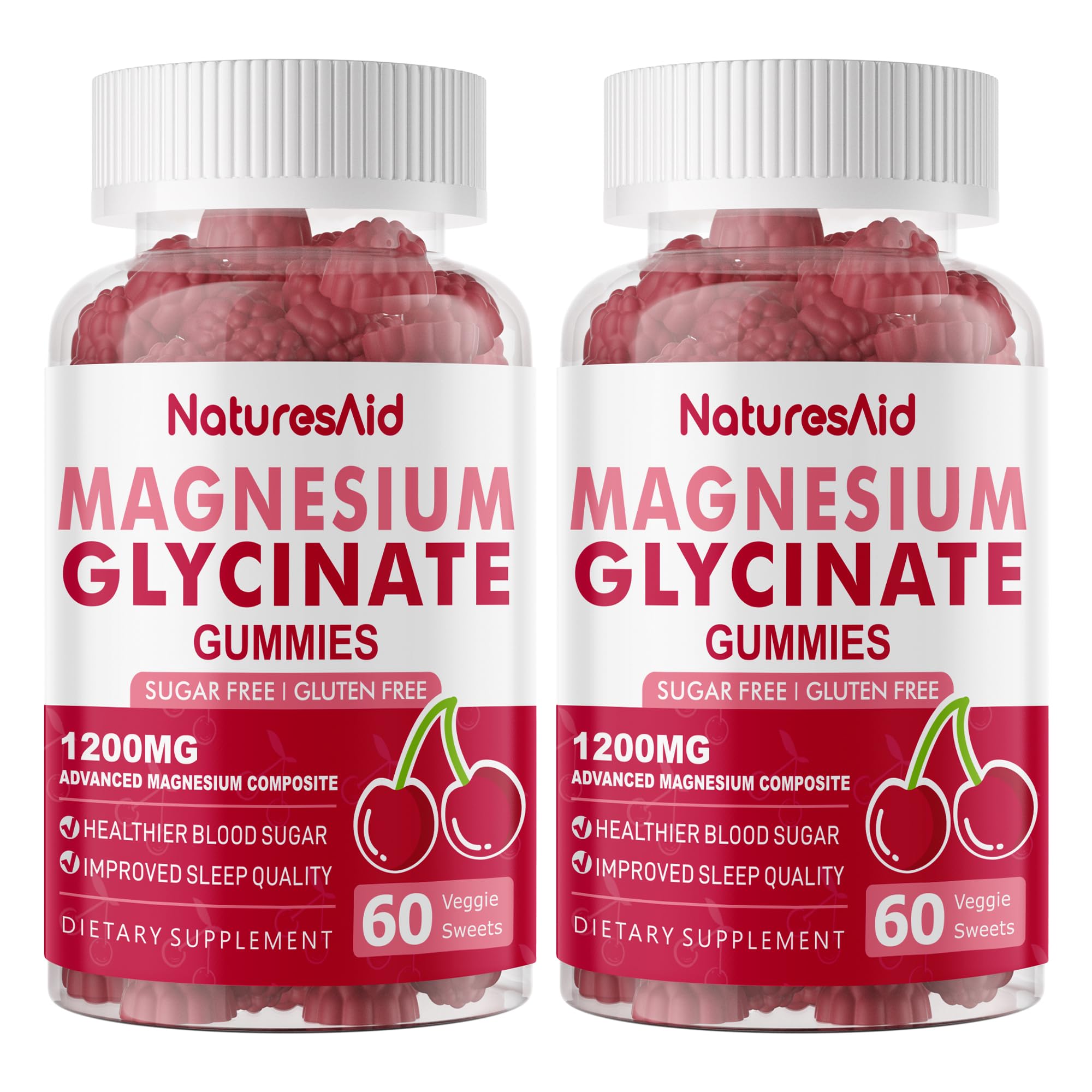 Magnesium Glycinate Gummies 1200mg - Sugar Free Magnesium Potassium Supplement with Vitamin B6, CoQ10 for Calm Mood & Sleep Support - 120 Cherry Gummies -2 Pack.