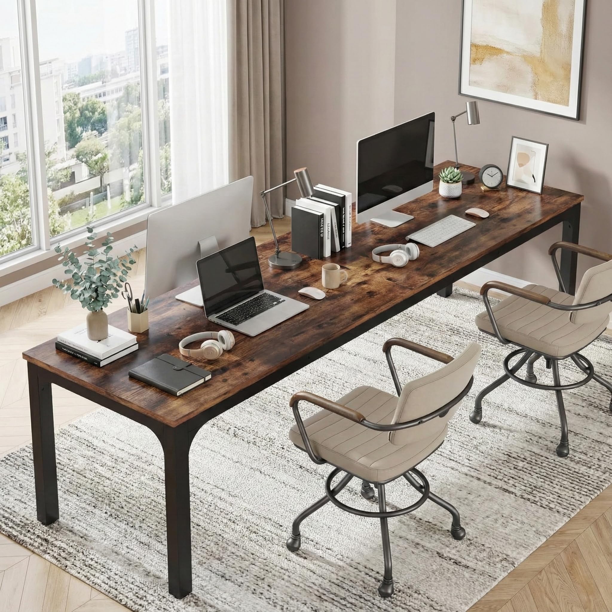 Lailang 200cm Escritorio Oficina, Mesa Escritorio Grande, Mesa de Trabajo, Escritorio Madera, Mesa Ordenador E Impresora, Bancada de Trabajo Oficina, 200 x 70 x 75 cm, Brown