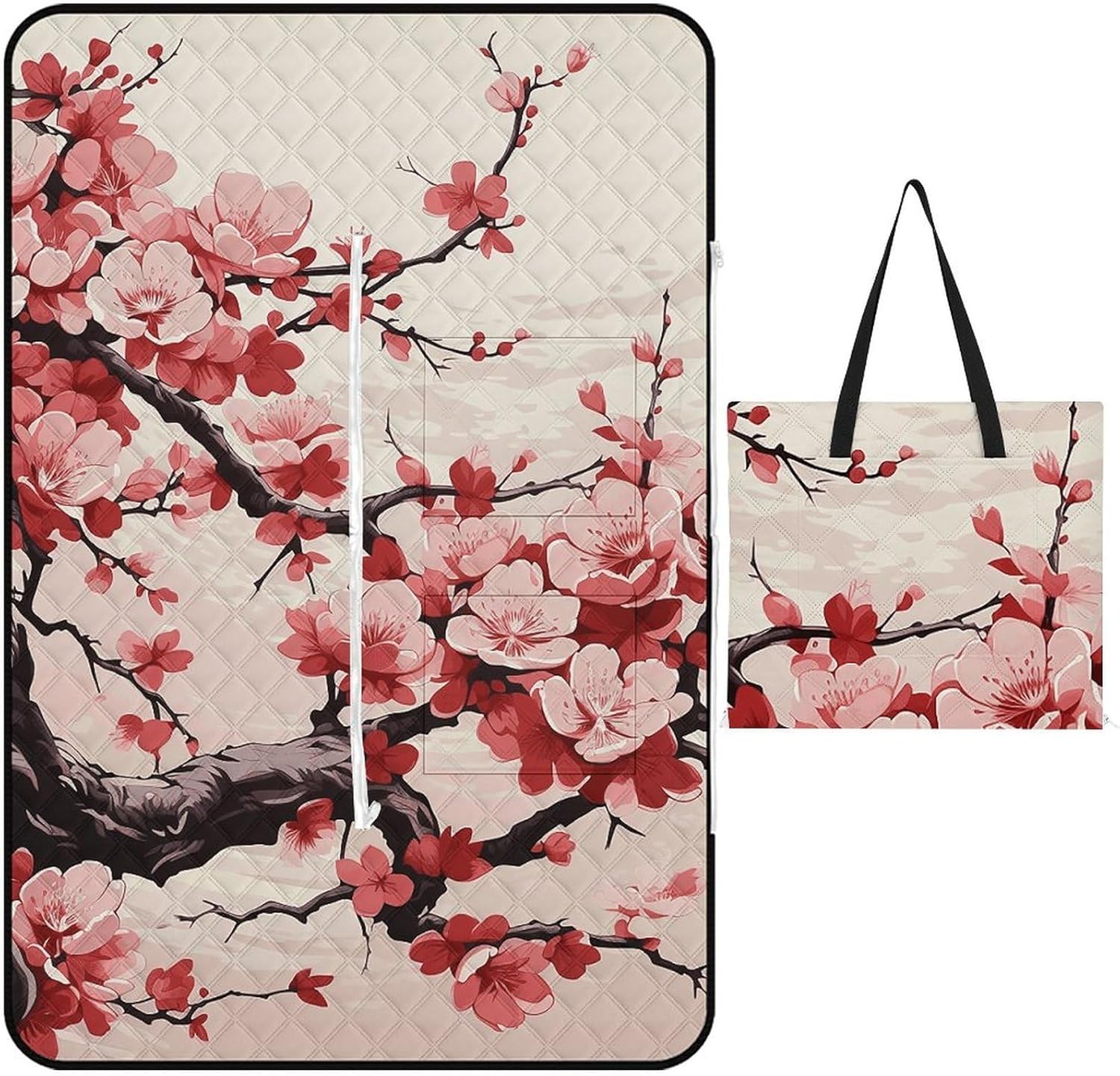 Japanese Floral Cherry Blossom Picnic Blanket 150x100cm, Foldable 2-in-1 Picnic Mat and Tote Bag Portable Waterproof Beach Mat Sandproof Outdoor Blanket for Park, Hiking, Beach, Camping, Travel