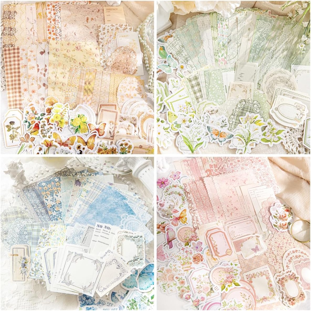 400pcs Vintage Scrapbooking Supplies, 4 Pack Scrapbook Paper & Stickers Assorted Set, Decorative Craft Paper for Junk Journaling Card Making Collage Planner Diary Album Decor