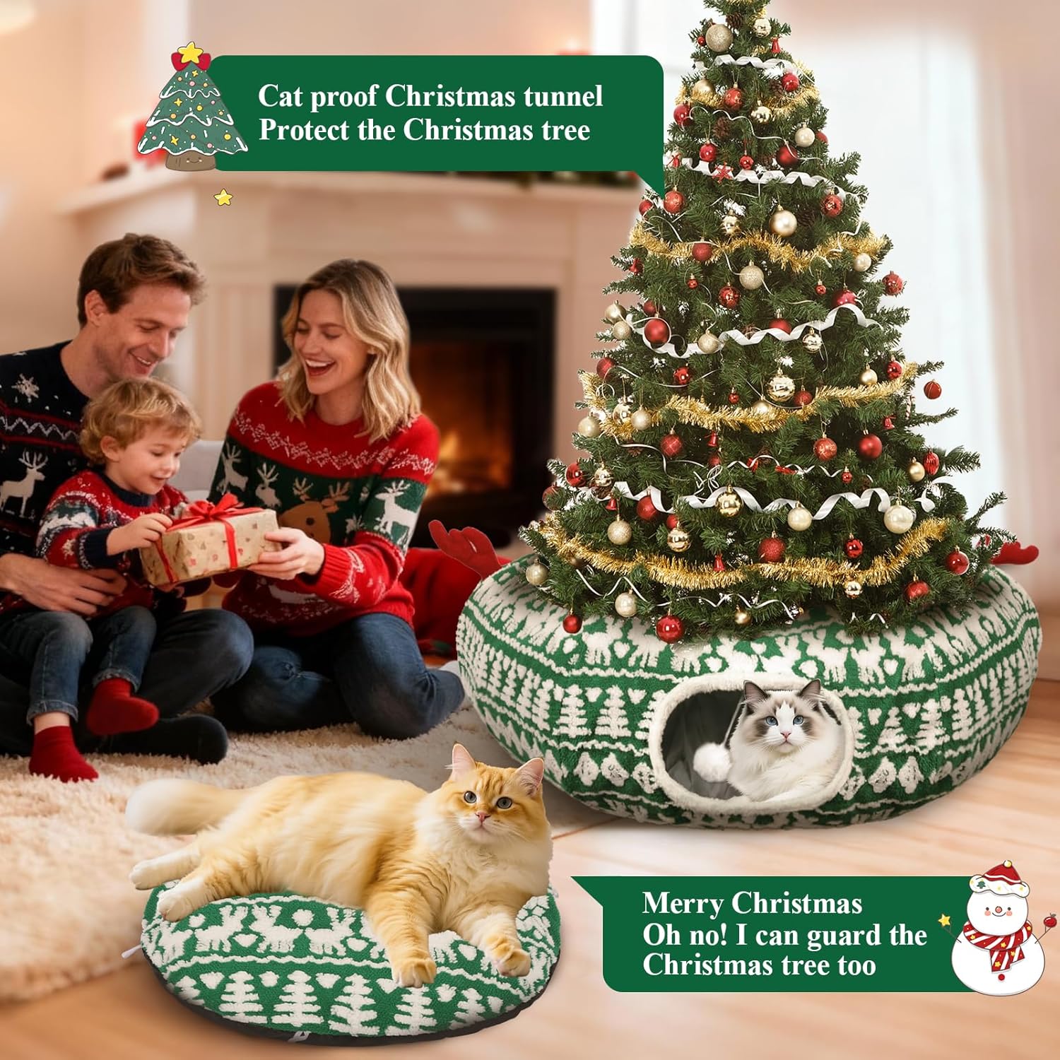 Cat Tunnel Bed, Cute Cat Tunnels for Indoor Cats with Washable Mat, Hanging Ball, Collapsible Play Tunnel, Pet Donut Tube Bed Cave, Xmas Party Decor for Kitten, Rabbit, Puppy Gifts