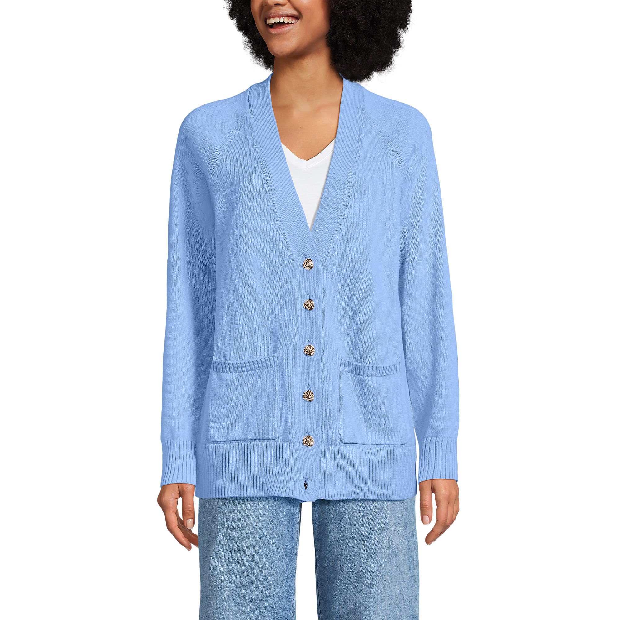 Lands End Womens Drifter Varsity Vneck Relaxed Cardigan Sweater