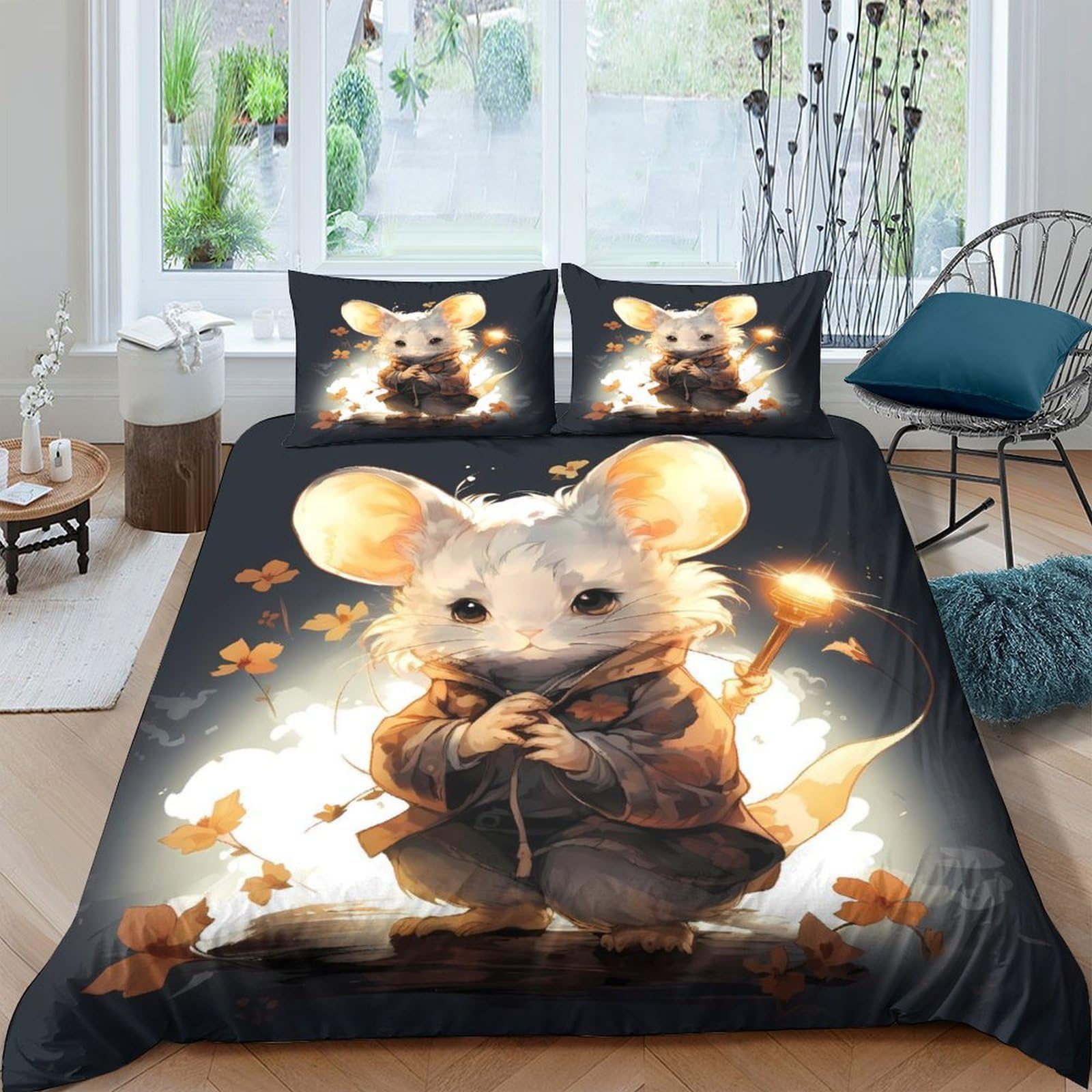 Ctjqhvkz Style-2 3D Printed Cute Mouse Fitted Sheet Microfiber Soft Breathable Autumn Leaves Bed Cover For Bedroom Dorm Decor Single（135X200cm）