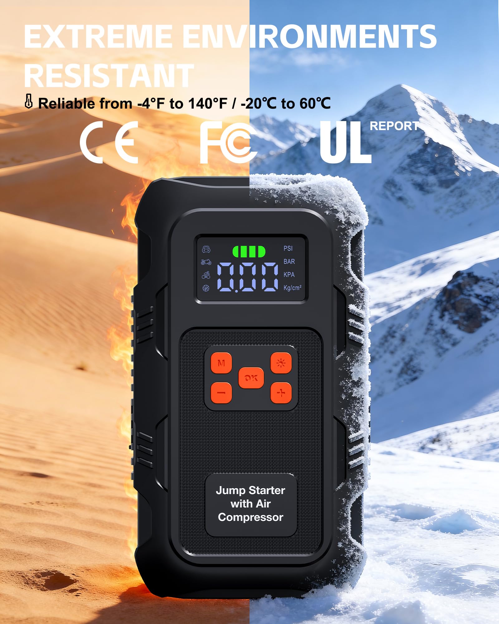 Povasee Starthilfe Powerbank für Pkw mit Kompressor 150 PSI, 6000A Starter Powerbank mit Elektrische Luftpumpe, 12V Auto Starthilfe (10L Benzin/8L Diesel), Jump Starter mit Taschenlampe (Orange)