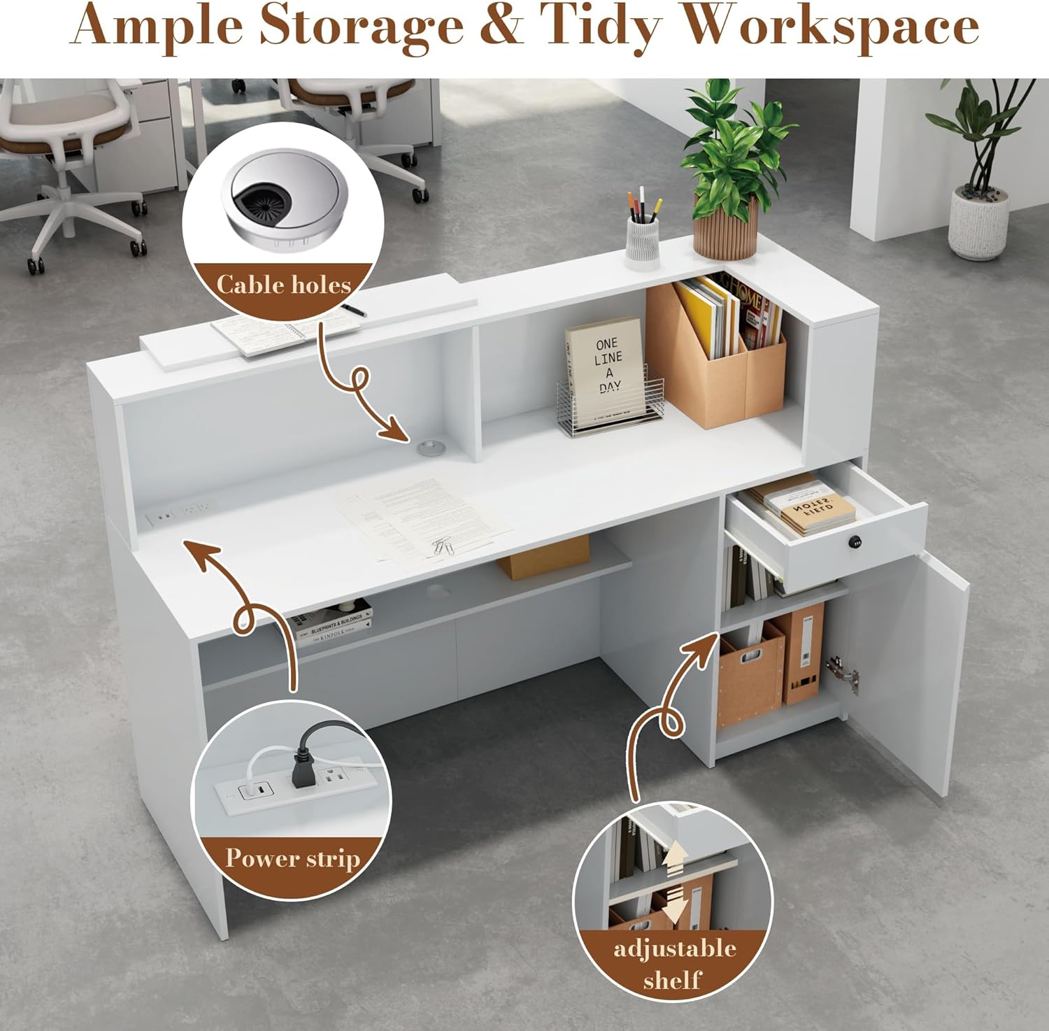 Reception Desk with Counter, Small Front Desk Reception Counter Lockable Drawer, Grille Design Wooden Modern Reception Table for Salon Lobby Office Home Supermarket (White-1)