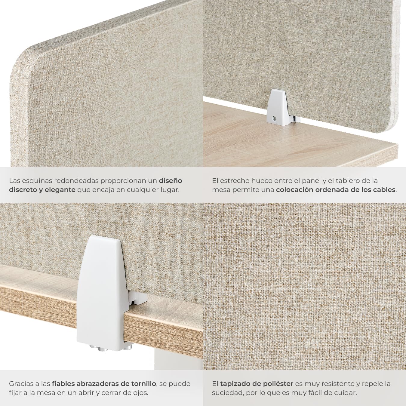 tectake® Panel Separador Escritorio, Panel Acústico con 2 Clips de Fijación, Tablero Escritorio con Espacio para Cables, Separador Mesa Oficina, Mampara Separadora, Funda Poliéster, 160x40 cm - Beige