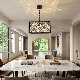 Modern Crystal Chandelier, 6-Light Black Chandeliers for Dining Room with Adjustable Chain, 51 Inch Ceiling Light Fixture for Bedroom, Foyer Bulbs Not Included