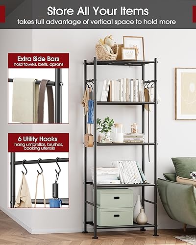 Miniatura 5 de Estantes de almacenamiento, organizador de estantes de gran capacidad de 5 niveles con ganchos, estantería de garaje resistente con patas