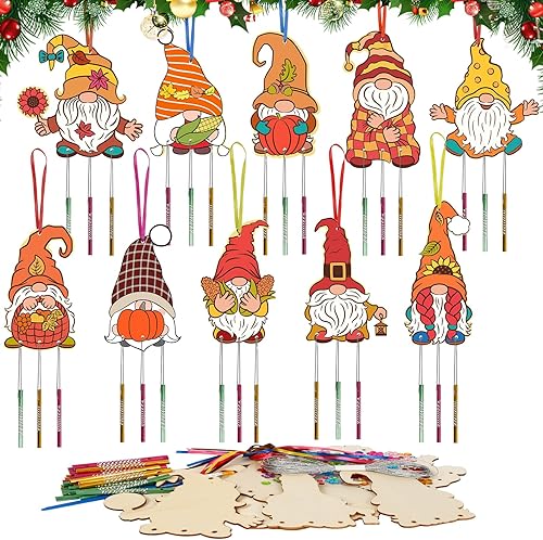 Miniatura 8 de KATOOM Paquete de 9 carillones de viento para niños, kits de manualidades de Halloween, carillón de viento de madera, adornos decorativos para