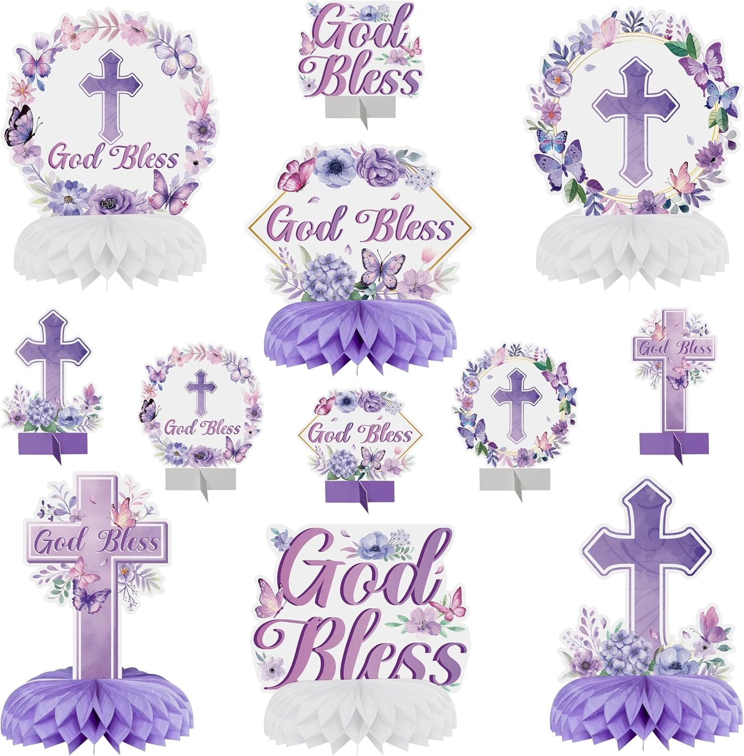 ANGOLIO Purple Floral God Bless Honeycomb Centerpieces - 12P God Baptism Table Party Decoration First Communion Honeycomb Centerpieces for Baby Shower Birthday Party Supplies Gender Reveal Photo Props