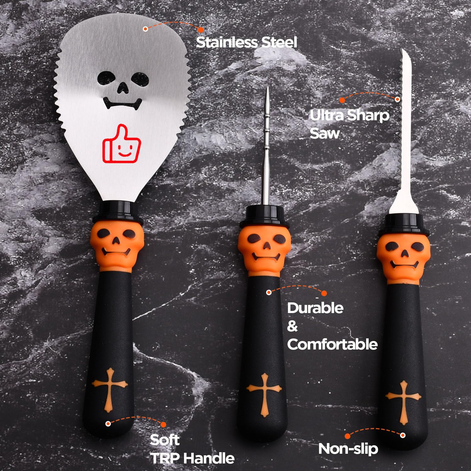 Wholesale Bulk 3-Piece Pumpkin Carving Kit Tools Halloween,Professional Heavy Duty Carving Set, Stainless Steel Tools Carving Knife for Halloween Decoration Jack-O-Lanterns, Gift for Halloween — Amazon image 4