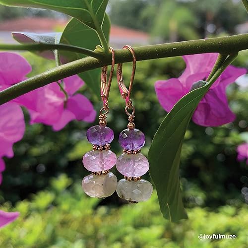 Miniatura 2 de Amethyst Prehnite Rose Quartz Dangel Earrings, Handmade Natural Mixed Gemstones Green Pink Purple Gemstone, 18K Gold 925 Sterling Silver Jewelry,