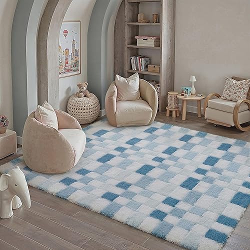 WondRg 5x8 Checkered Fluffy Area Rug for Living Room Bedroom Blue Kids Room Carpet High Pile Washable Non-Slip Tapis Salon Soft Floor Shag Rug for Nursery Large Modern Neutral Thick Plush Fuzzy - 5'x8' - Blue | Checkered