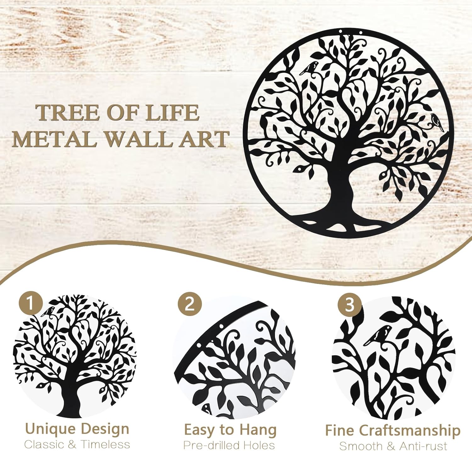 SOBEIT 20inch Tree of Life Metal Wall Art,Bird Tree Metal Wall Decor, Round Family Tree Wall Art for Wall Hanging, Garden, Home Decor, Living Room,Bedroom, Indoor, Outdoor(Black)